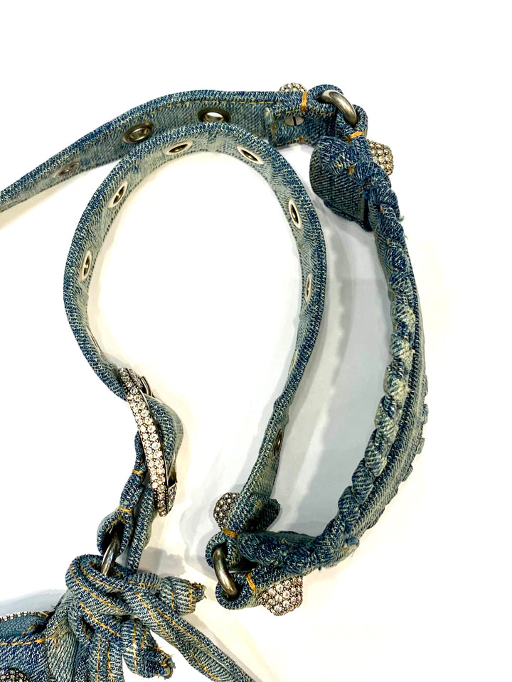 BALENCIAGA LE CAGOLE SMALL DENIM CRYSTAL SHOULDER BAG