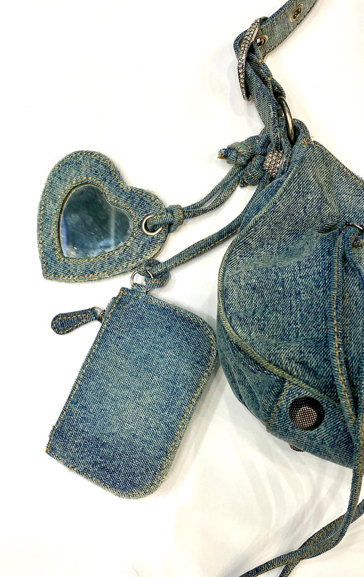 BALENCIAGA LE CAGOLE SMALL DENIM CRYSTAL SHOULDER BAG