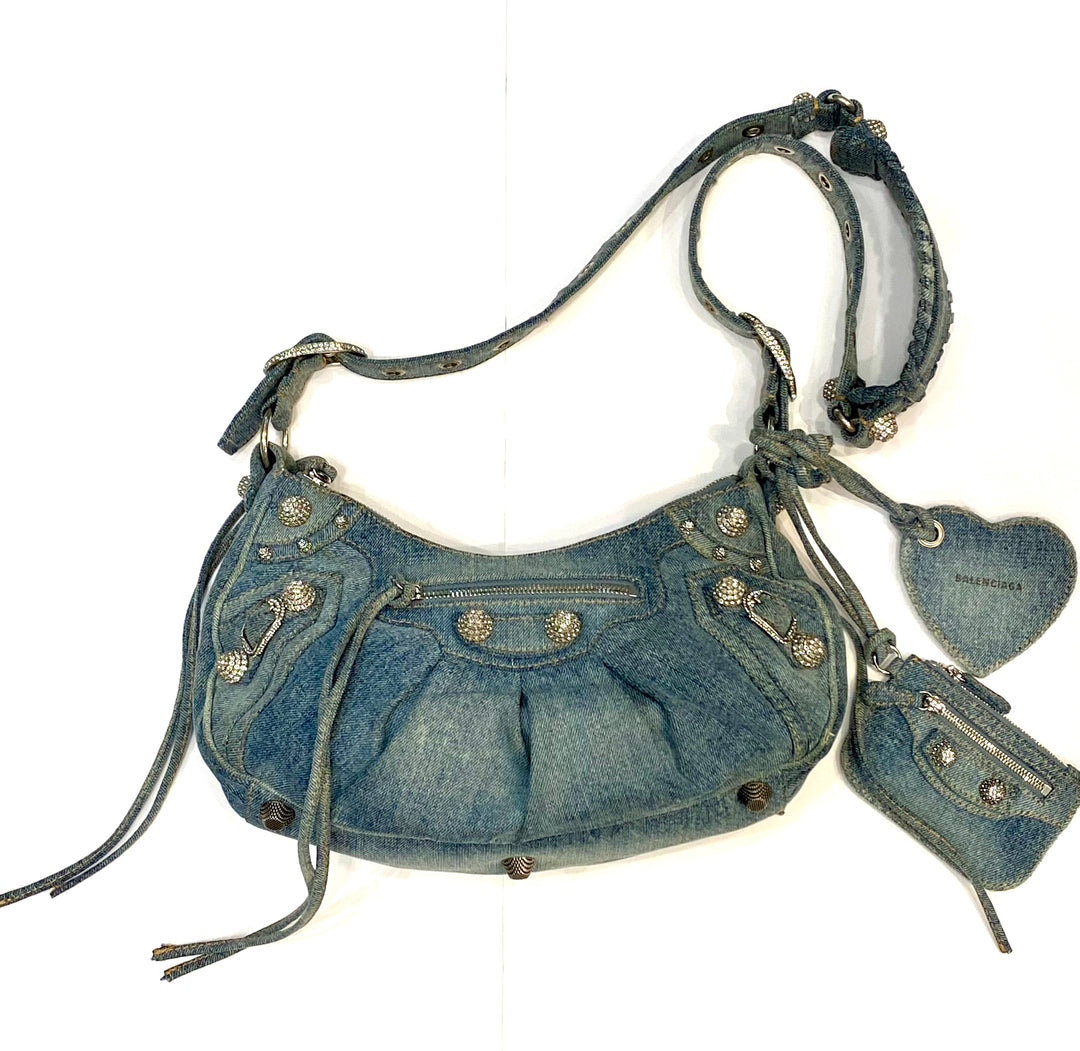 BALENCIAGA LE CAGOLE SMALL DENIM CRYSTAL SHOULDER BAG