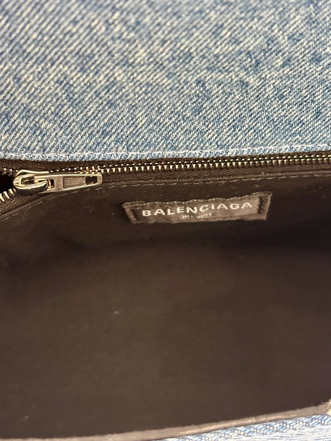 BALENCIAGA DENIM PATCHWORK XS HOURGLASS TOP HANDLE BAG