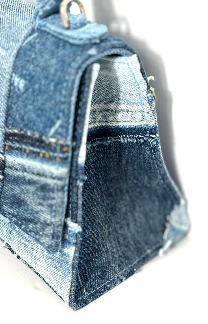 BALENCIAGA DENIM PATCHWORK XS HOURGLASS TOP HANDLE BAG