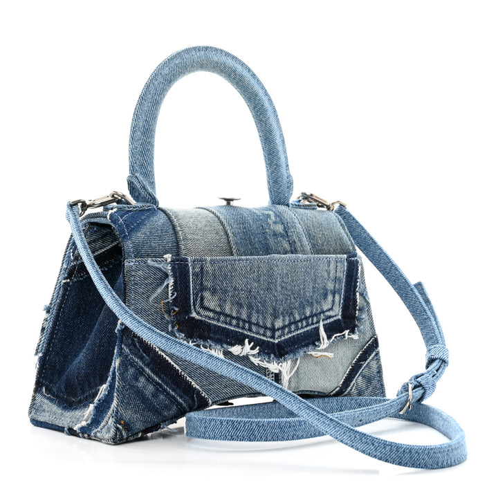 BALENCIAGA DENIM PATCHWORK XS HOURGLASS TOP HANDLE BAG