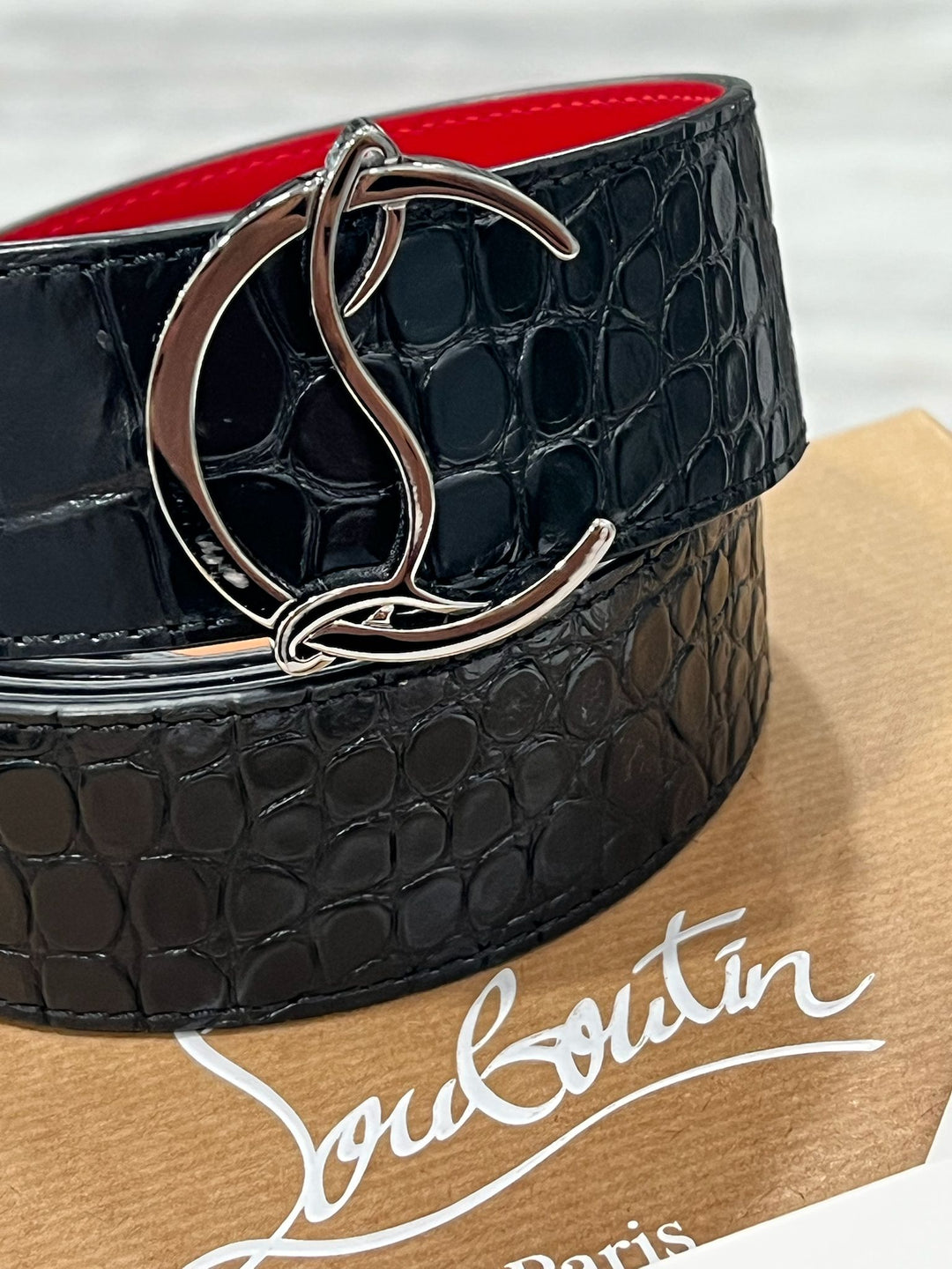 CHRISTIAN LOUBOUTIN CROC EMBOSSED CALFSKIN LOGO BELT