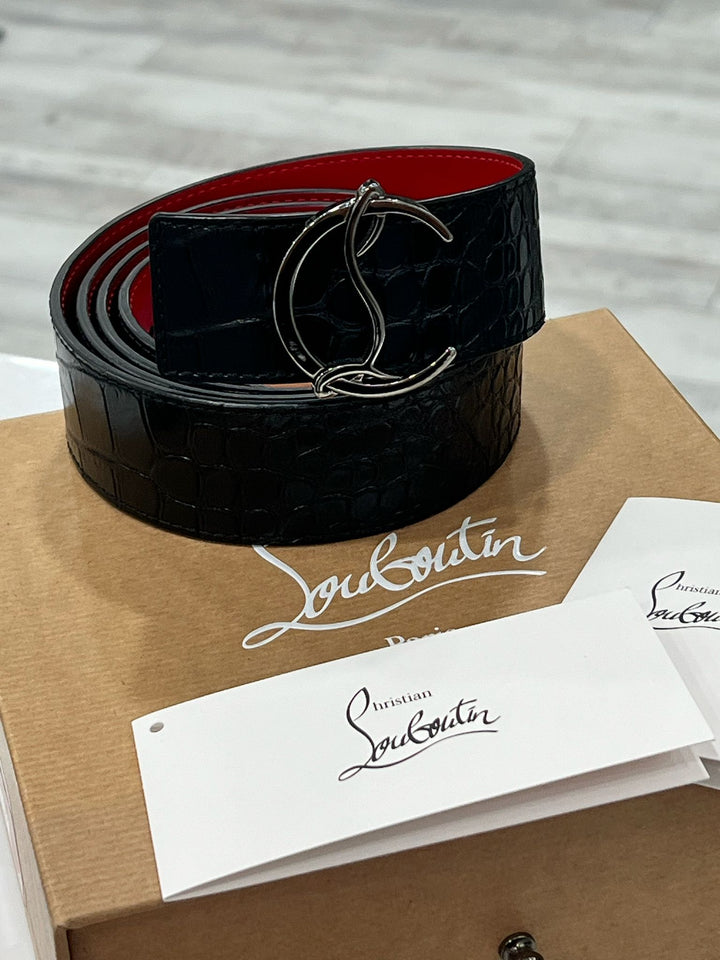 CHRISTIAN LOUBOUTIN CROC EMBOSSED CALFSKIN LOGO BELT