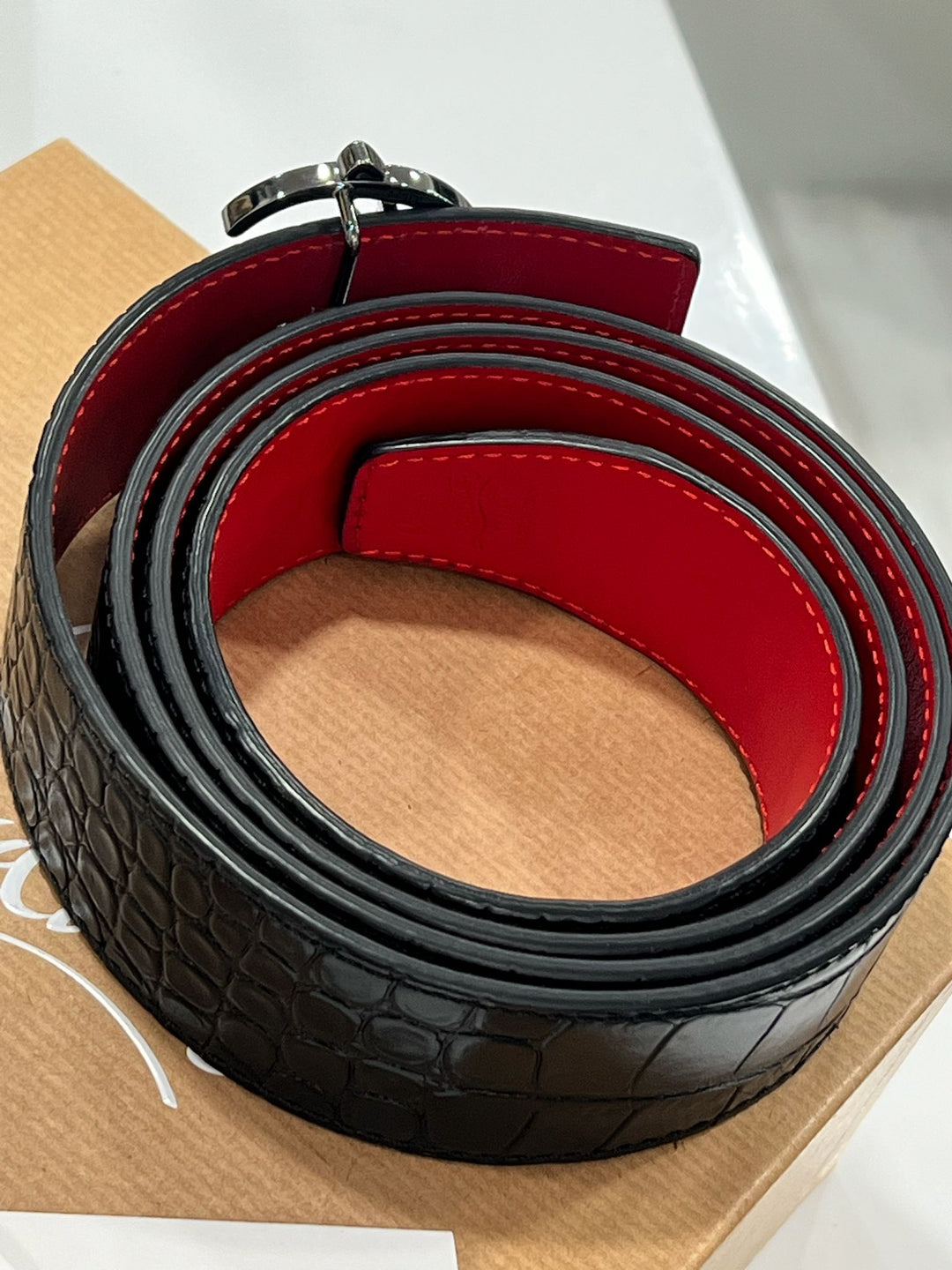 CHRISTIAN LOUBOUTIN CROC EMBOSSED CALFSKIN LOGO BELT