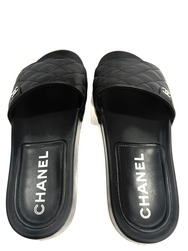 CHANEL INTERLOCKING CC LOGO LAMBSKIN LEATHER SLIDES
