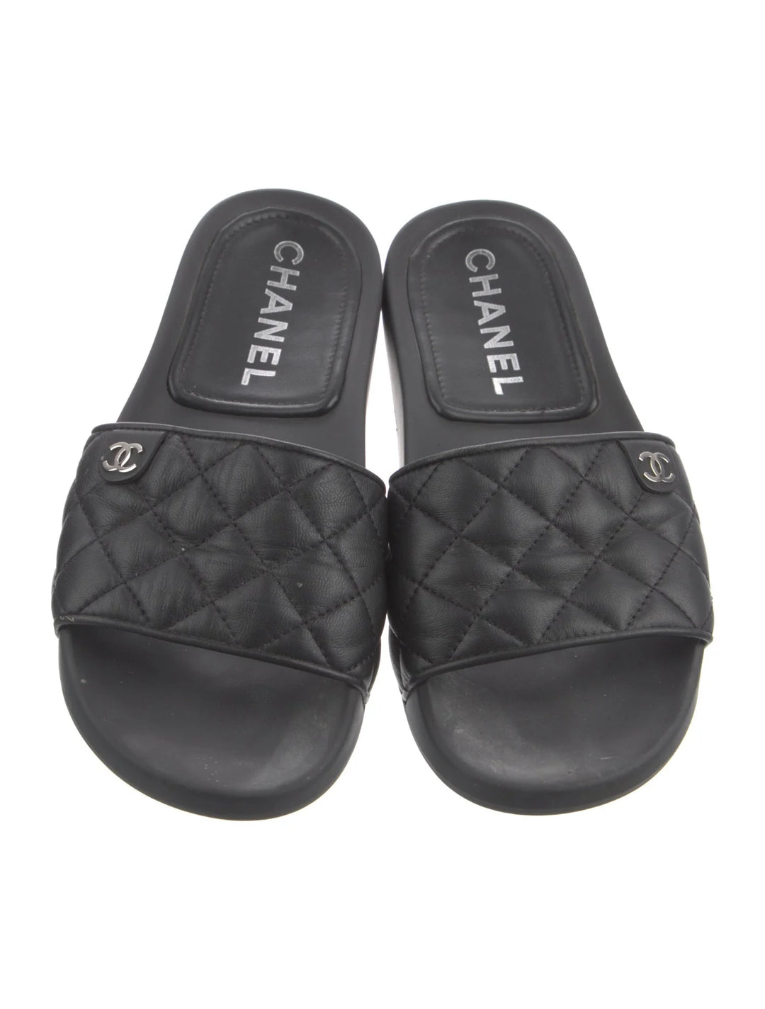 CHANEL INTERLOCKING CC LOGO LAMBSKIN LEATHER SLIDES