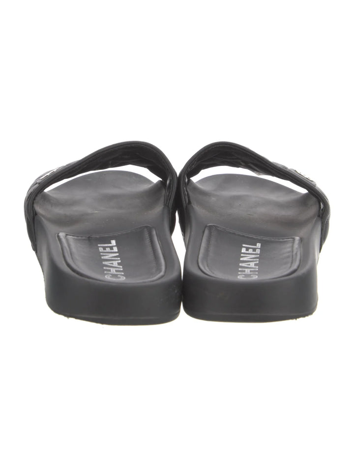 CHANEL INTERLOCKING CC LOGO LAMBSKIN LEATHER SLIDES