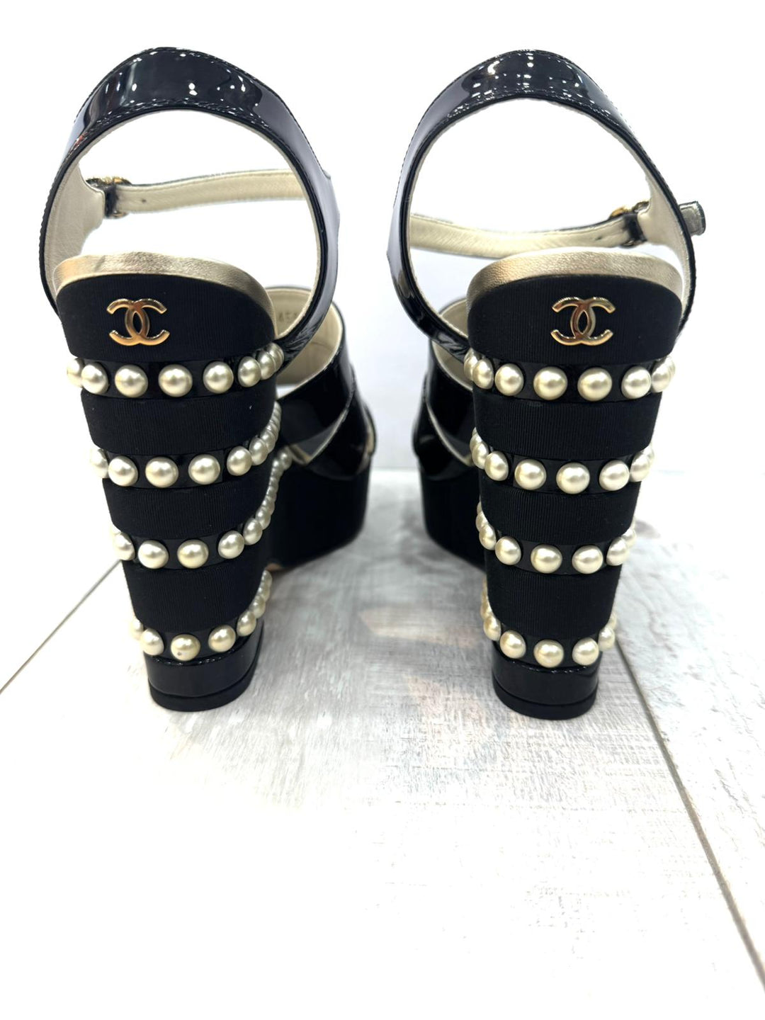 CHANEL CALFSKIN GROSGRAIN PEARL CC WEDGE SANDALS