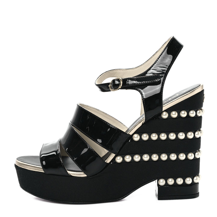 CHANEL CALFSKIN GROSGRAIN PEARL CC WEDGE SANDALS