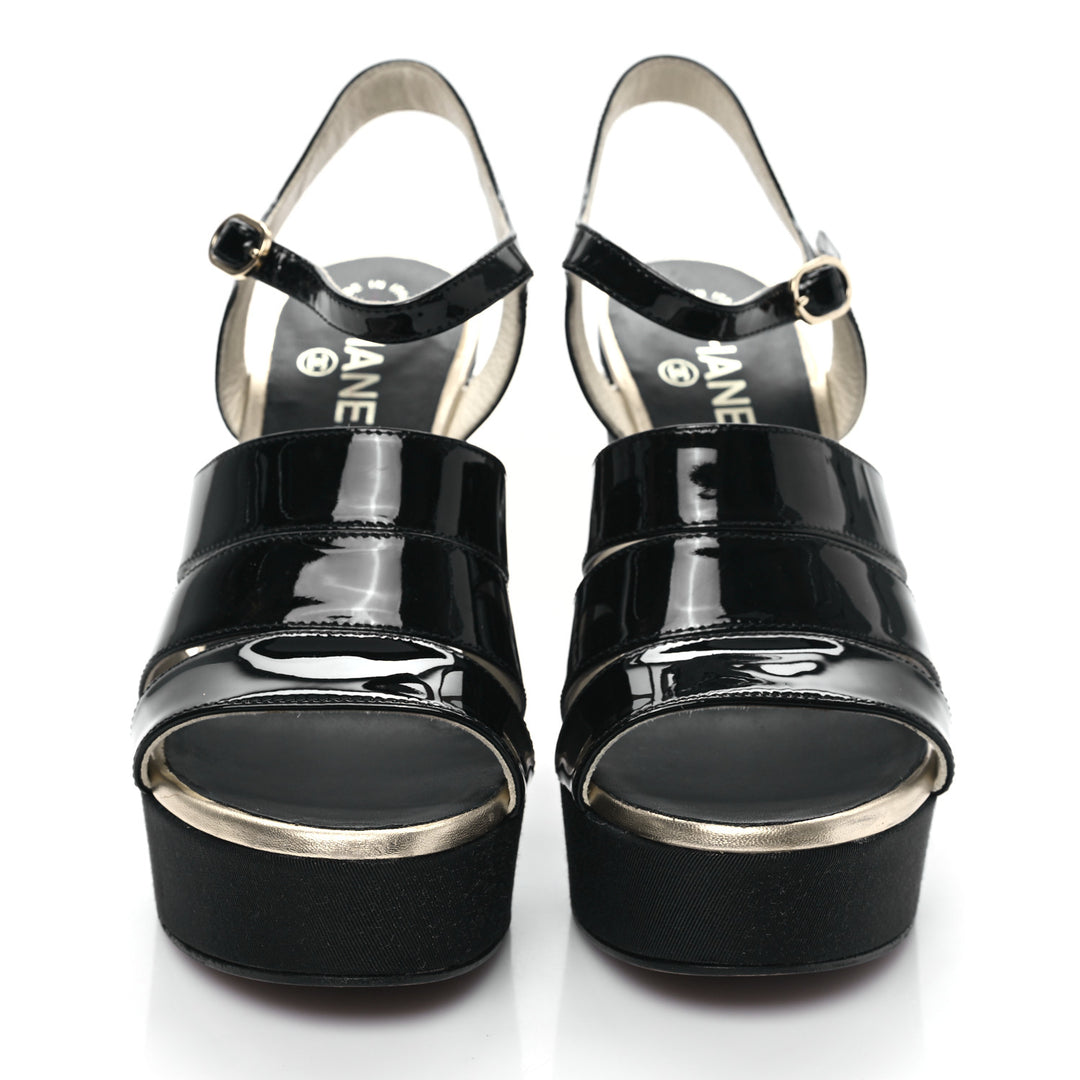 CHANEL CALFSKIN GROSGRAIN PEARL CC WEDGE SANDALS