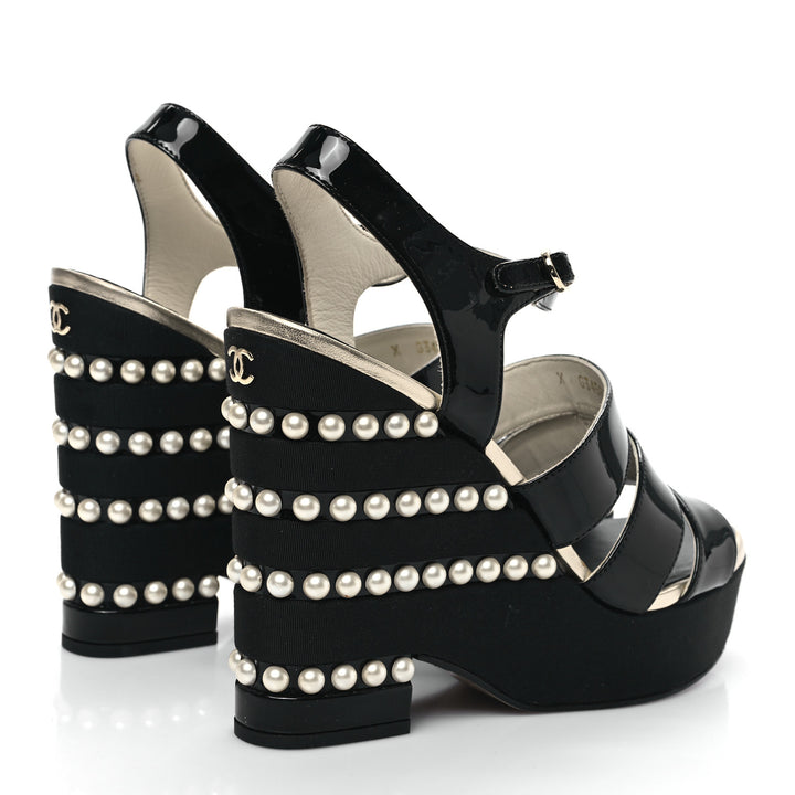 CHANEL CALFSKIN GROSGRAIN PEARL CC WEDGE SANDALS