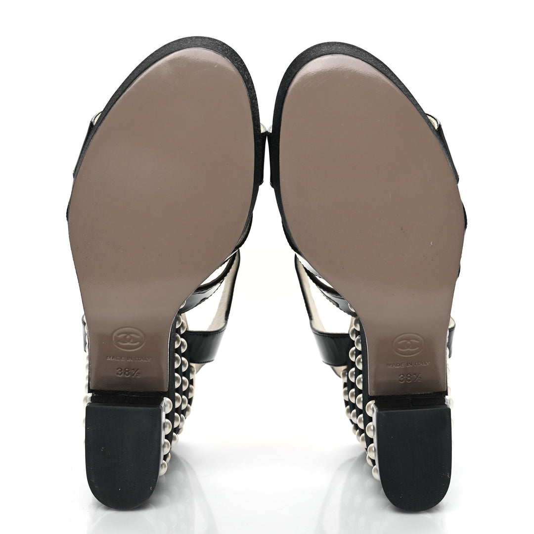 CHANEL CALFSKIN GROSGRAIN PEARL CC WEDGE SANDALS