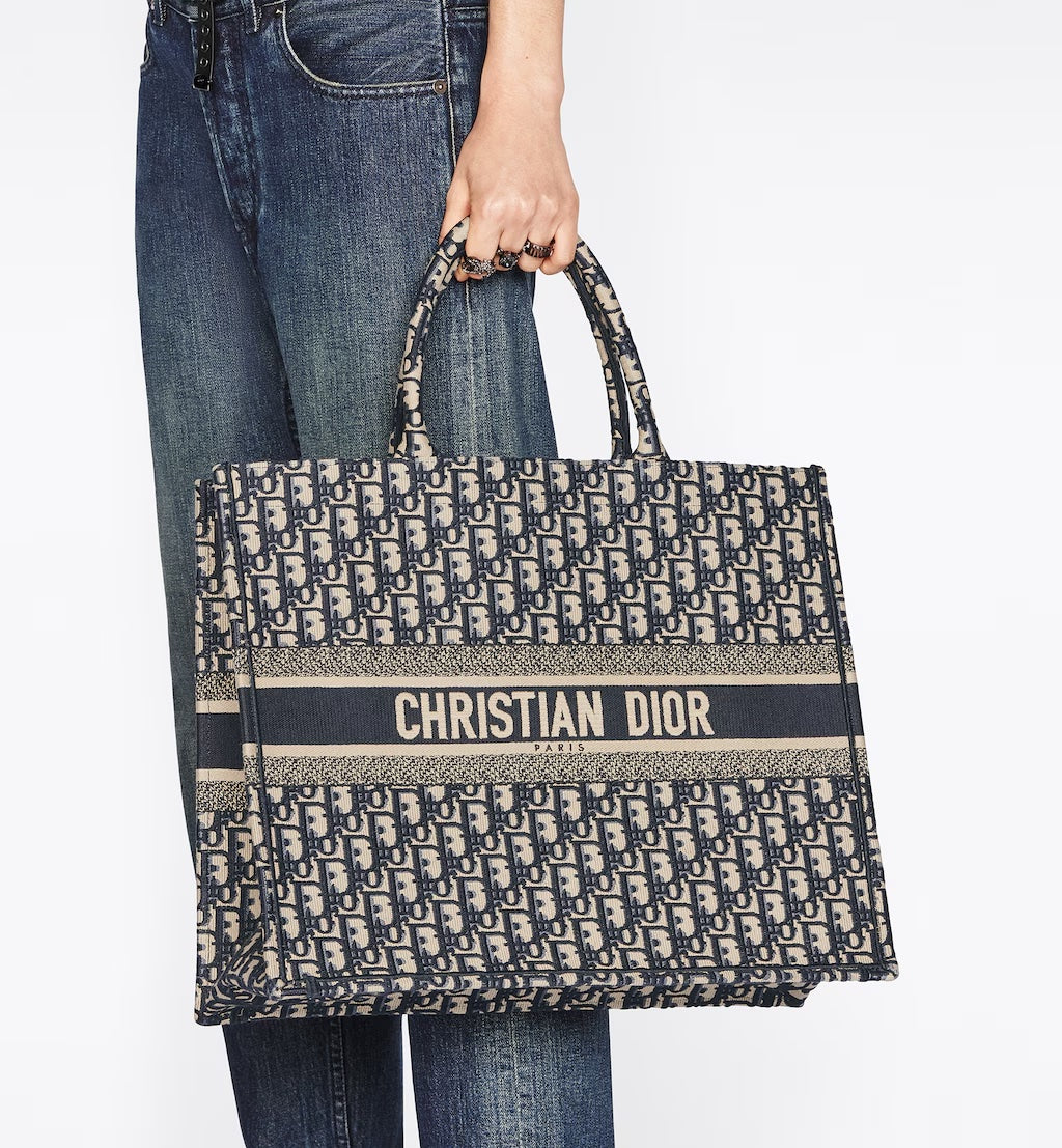 DIOR ECRU &amp; BLUE OBLIQUE EMBROIDERY LARGE BOOK TOTE BAG