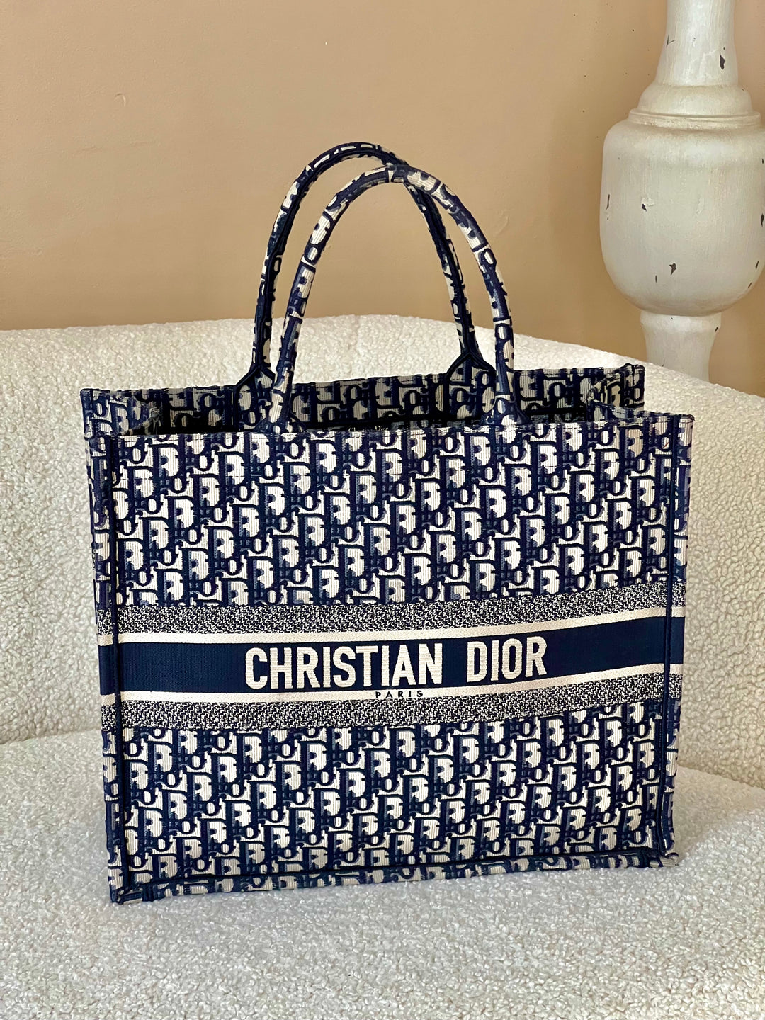 DIOR ECRU &amp; BLUE OBLIQUE EMBROIDERY LARGE BOOK TOTE BAG