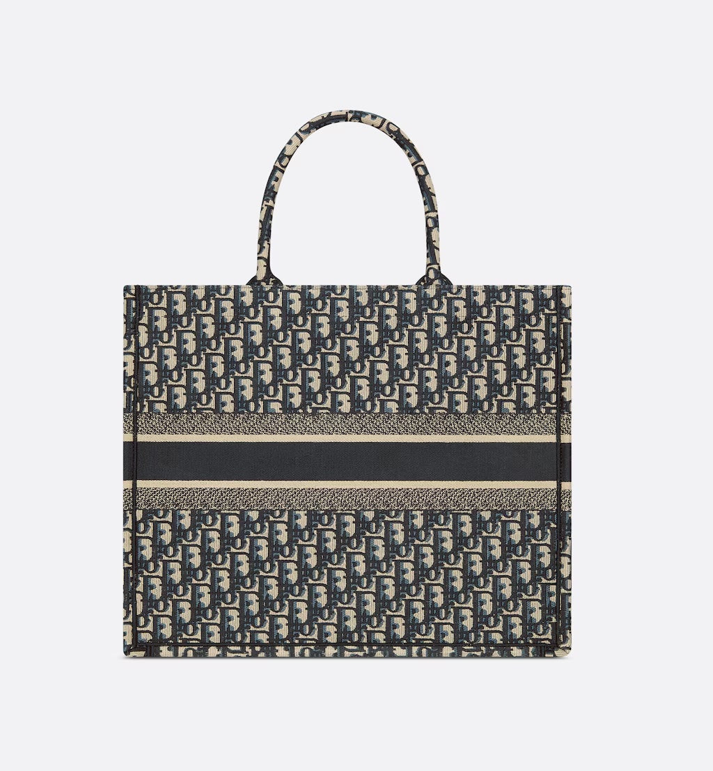 DIOR ECRU &amp; BLUE OBLIQUE EMBROIDERY LARGE BOOK TOTE BAG