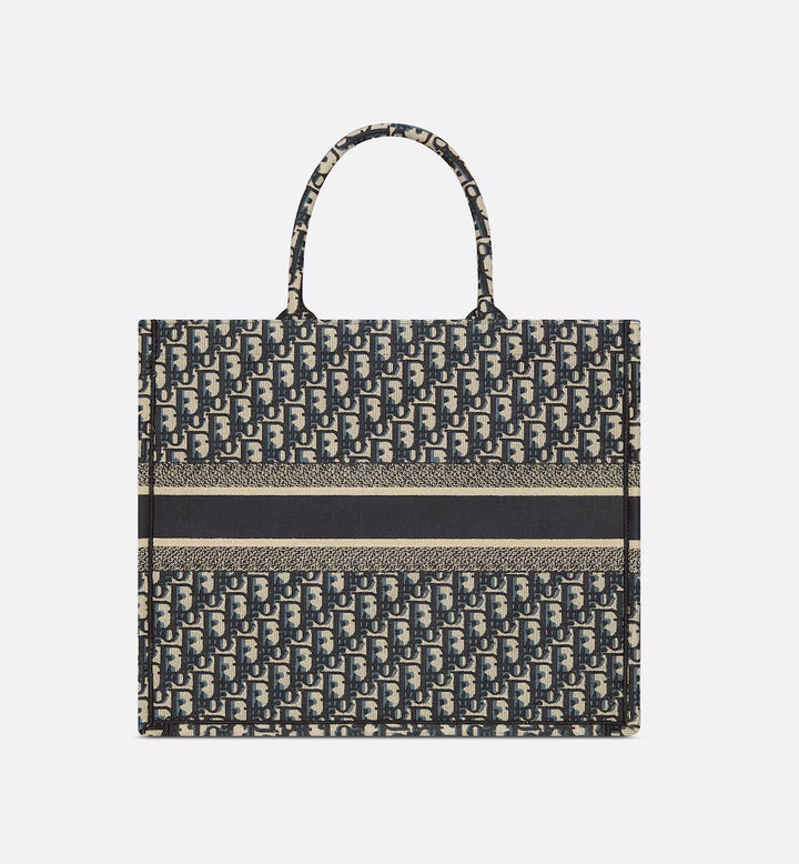 DIOR ECRU &amp; BLUE OBLIQUE EMBROIDERY LARGE BOOK TOTE BAG