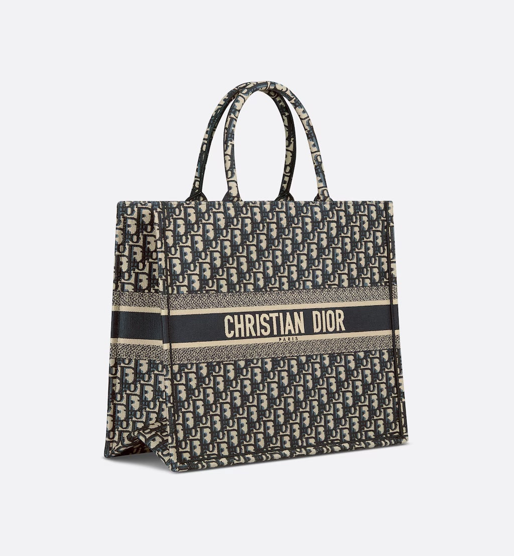 DIOR ECRU &amp; BLUE OBLIQUE EMBROIDERY LARGE BOOK TOTE BAG