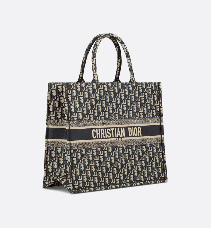 DIOR ECRU &amp; BLUE OBLIQUE EMBROIDERY LARGE BOOK TOTE BAG