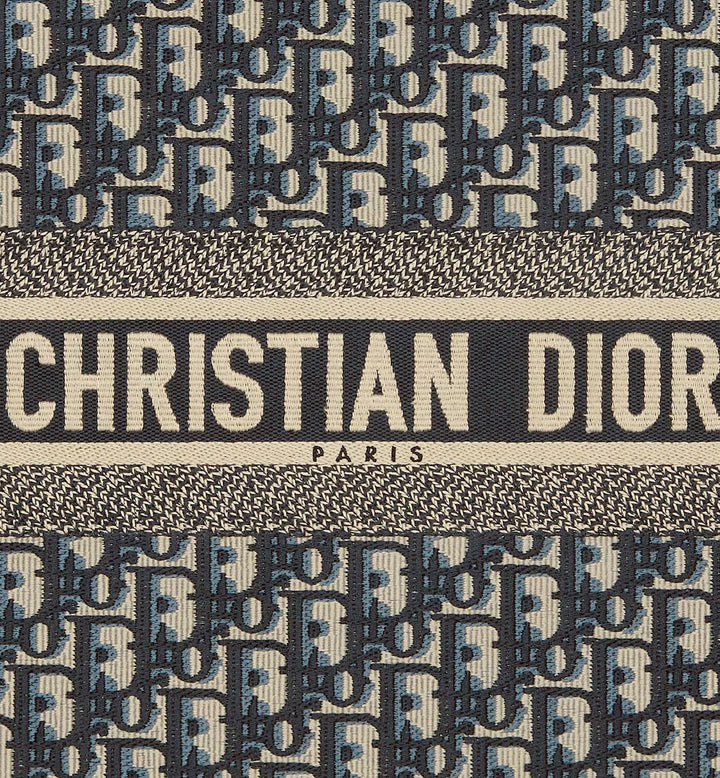 DIOR ECRU &amp; BLUE OBLIQUE EMBROIDERY LARGE BOOK TOTE BAG