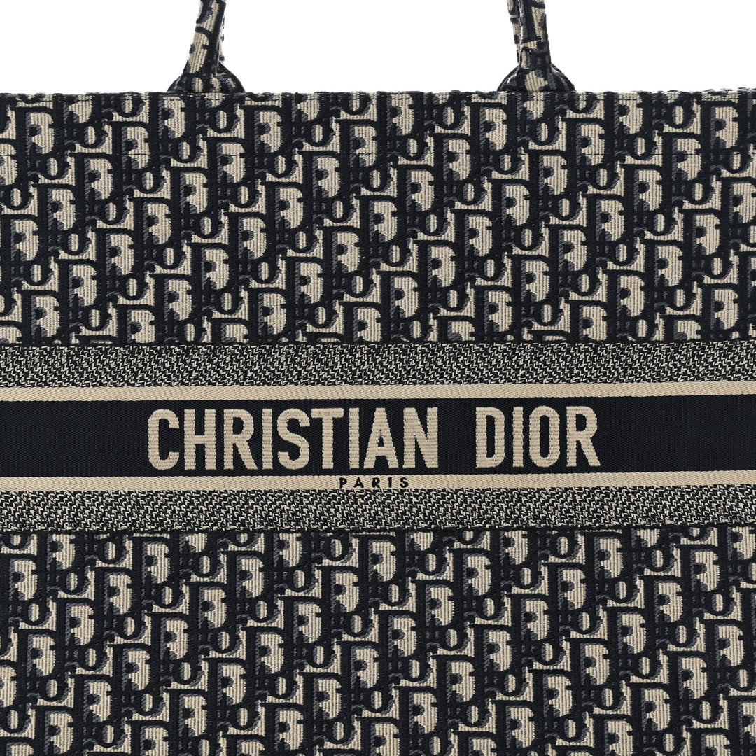 DIOR ECRU &amp; BLUE OBLIQUE EMBROIDERY LARGE BOOK TOTE BAG