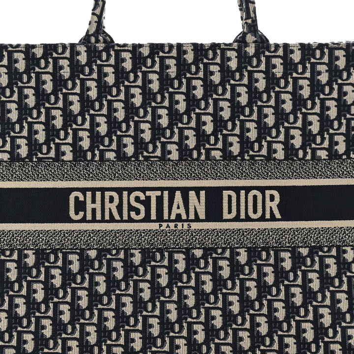 DIOR ECRU &amp; BLUE OBLIQUE EMBROIDERY LARGE BOOK TOTE BAG