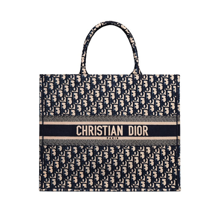 DIOR ECRU &amp; BLUE OBLIQUE EMBROIDERY LARGE BOOK TOTE BAG