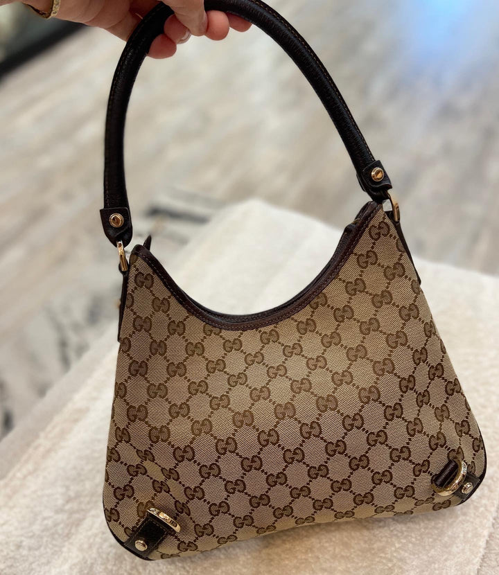 GUCCI MONOGRAM SMALL ABBEY D RING HOBO BAG