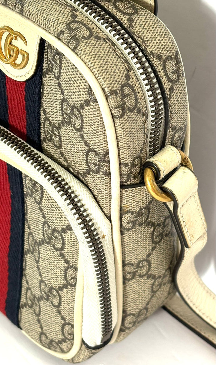GUCCI GG SUPREME WEB MINI OPHIDIA DOUBLE ZIP MESSENGER BAG