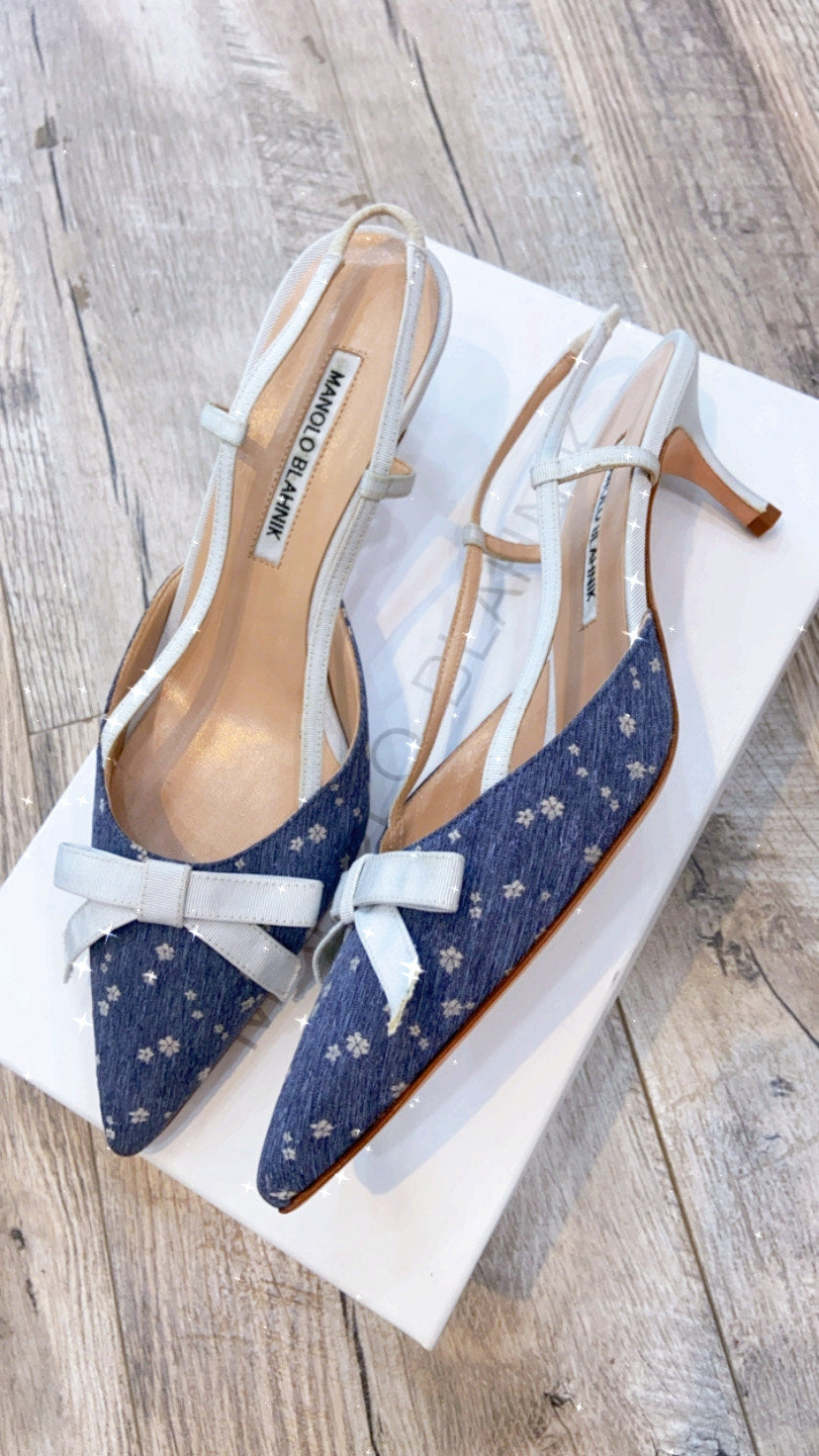MANOLO BLAHNIK SLING BACK KITTEN HEEL DENIM SHOES