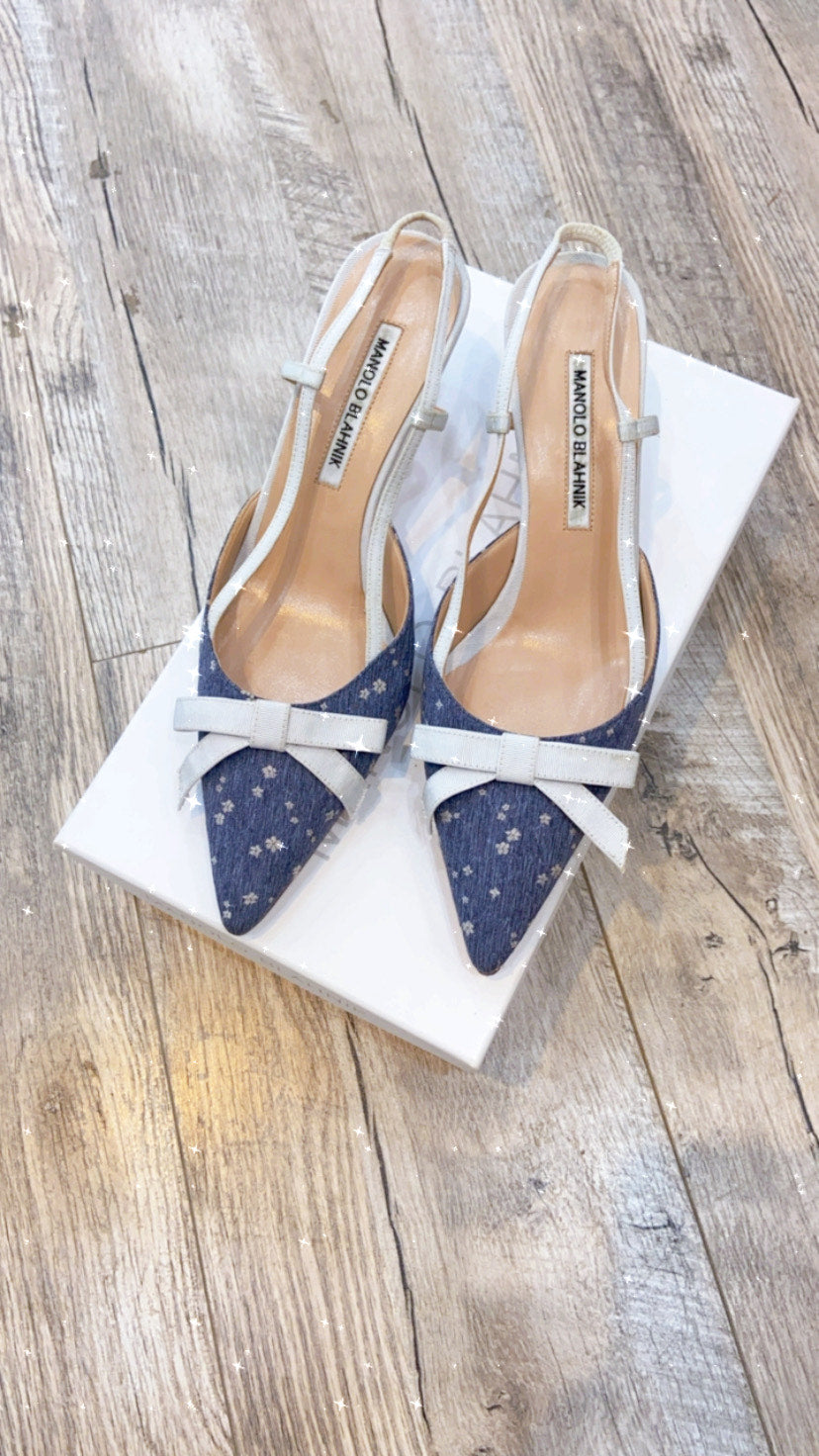 MANOLO BLAHNIK SLING BACK KITTEN HEEL DENIM SHOES