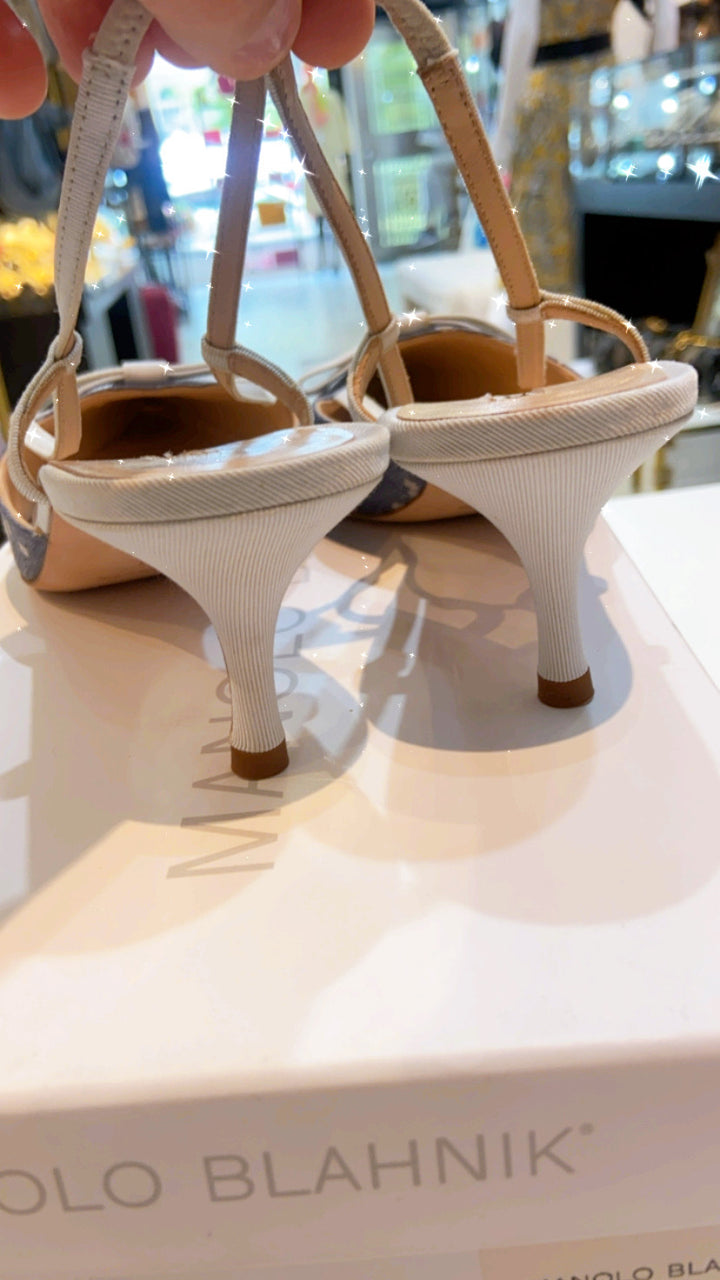 MANOLO BLAHNIK SLING BACK KITTEN HEEL DENIM SHOES