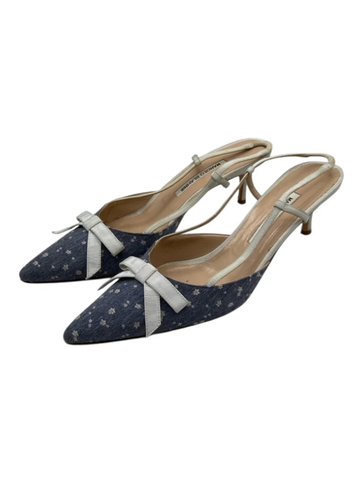 MANOLO BLAHNIK SLING BACK KITTEN HEEL DENIM SHOES