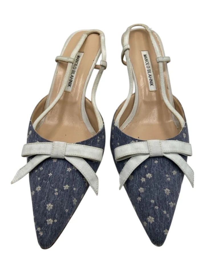 MANOLO BLAHNIK SLING BACK KITTEN HEEL DENIM SHOES