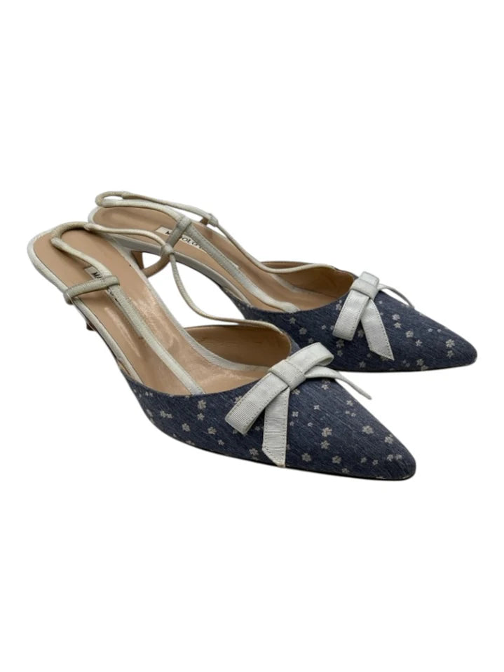 MANOLO BLAHNIK SLING BACK KITTEN HEEL DENIM SHOES