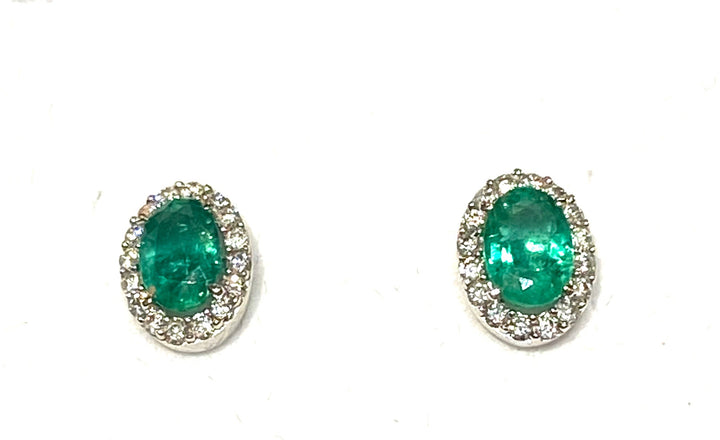 OVAL EMERALD &amp; DIAMOND 14K WHITE GOLD STUD EARRINGS