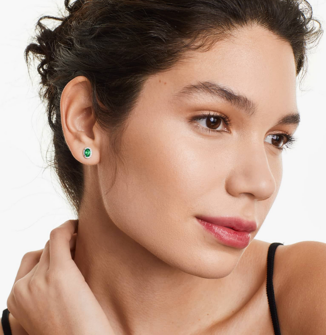 OVAL EMERALD &amp; DIAMOND 14K WHITE GOLD STUD EARRINGS