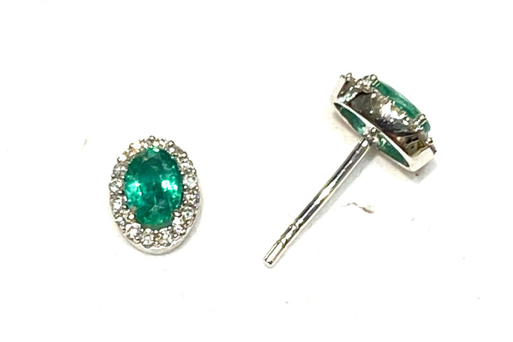 OVAL EMERALD &amp; DIAMOND 14K WHITE GOLD STUD EARRINGS