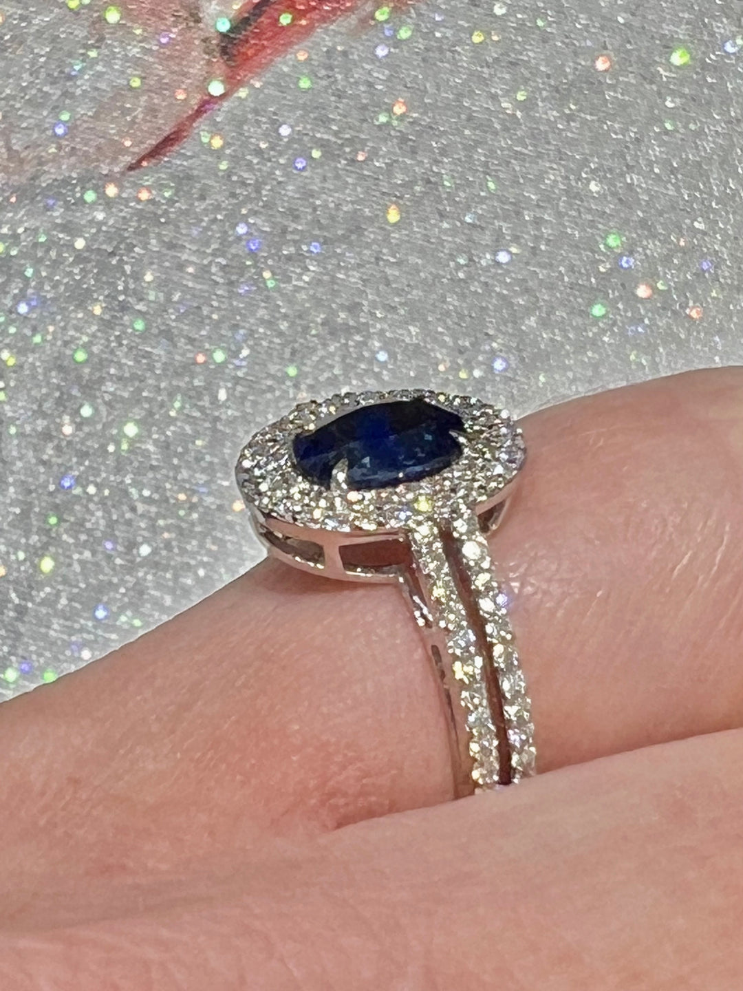 14K WHITE GOLD OVAL BLUE SAPPHIRE DIAMOND DOUBLE HALO ENGAGEMENT RING