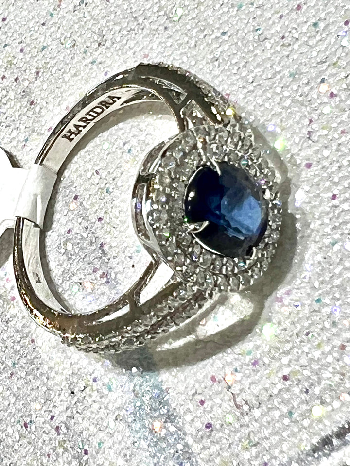 14K WHITE GOLD OVAL BLUE SAPPHIRE DIAMOND DOUBLE HALO ENGAGEMENT RING