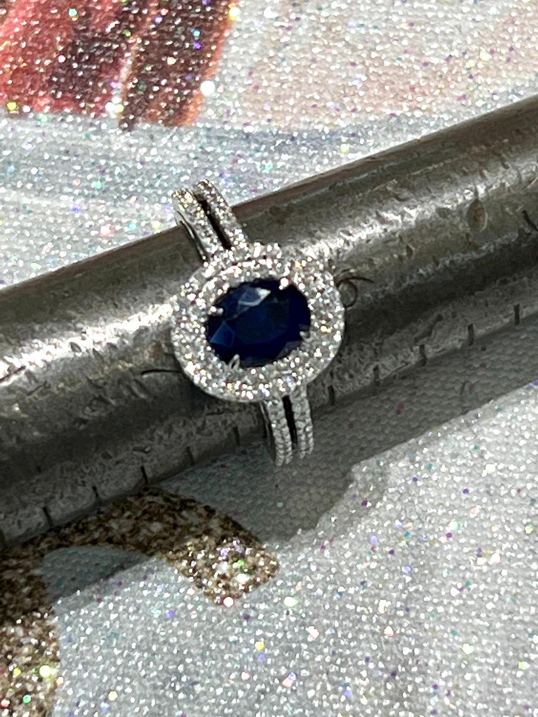 14K WHITE GOLD OVAL BLUE SAPPHIRE DIAMOND DOUBLE HALO ENGAGEMENT RING