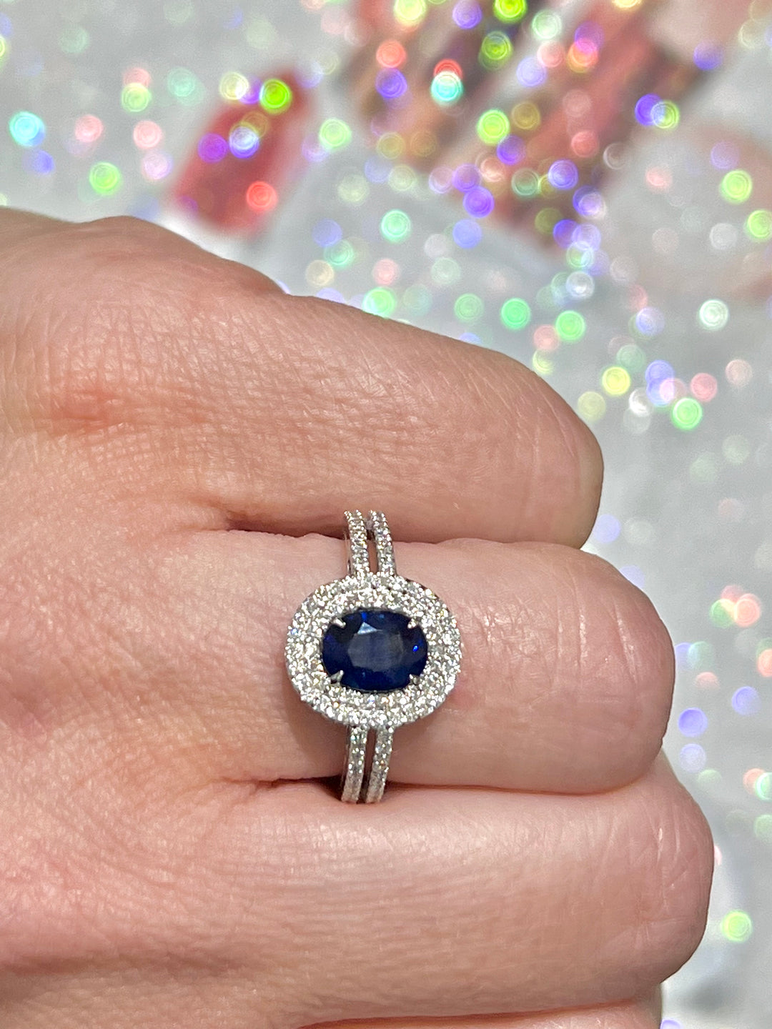 14K WHITE GOLD OVAL BLUE SAPPHIRE DIAMOND DOUBLE HALO ENGAGEMENT RING