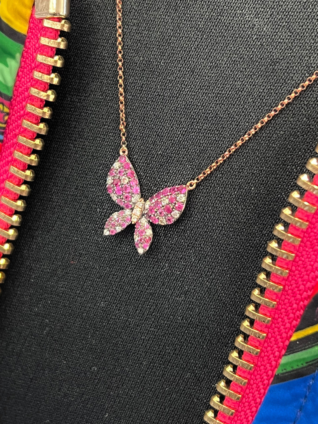 14K ROSE GOLD RUBIES &amp; DIAMOND BUTTERFLY NECKLACE