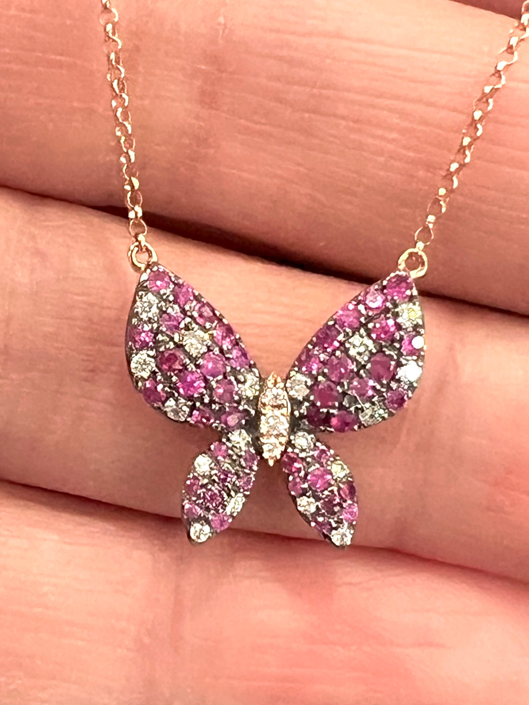 14K ROSE GOLD RUBIES &amp; DIAMOND BUTTERFLY NECKLACE