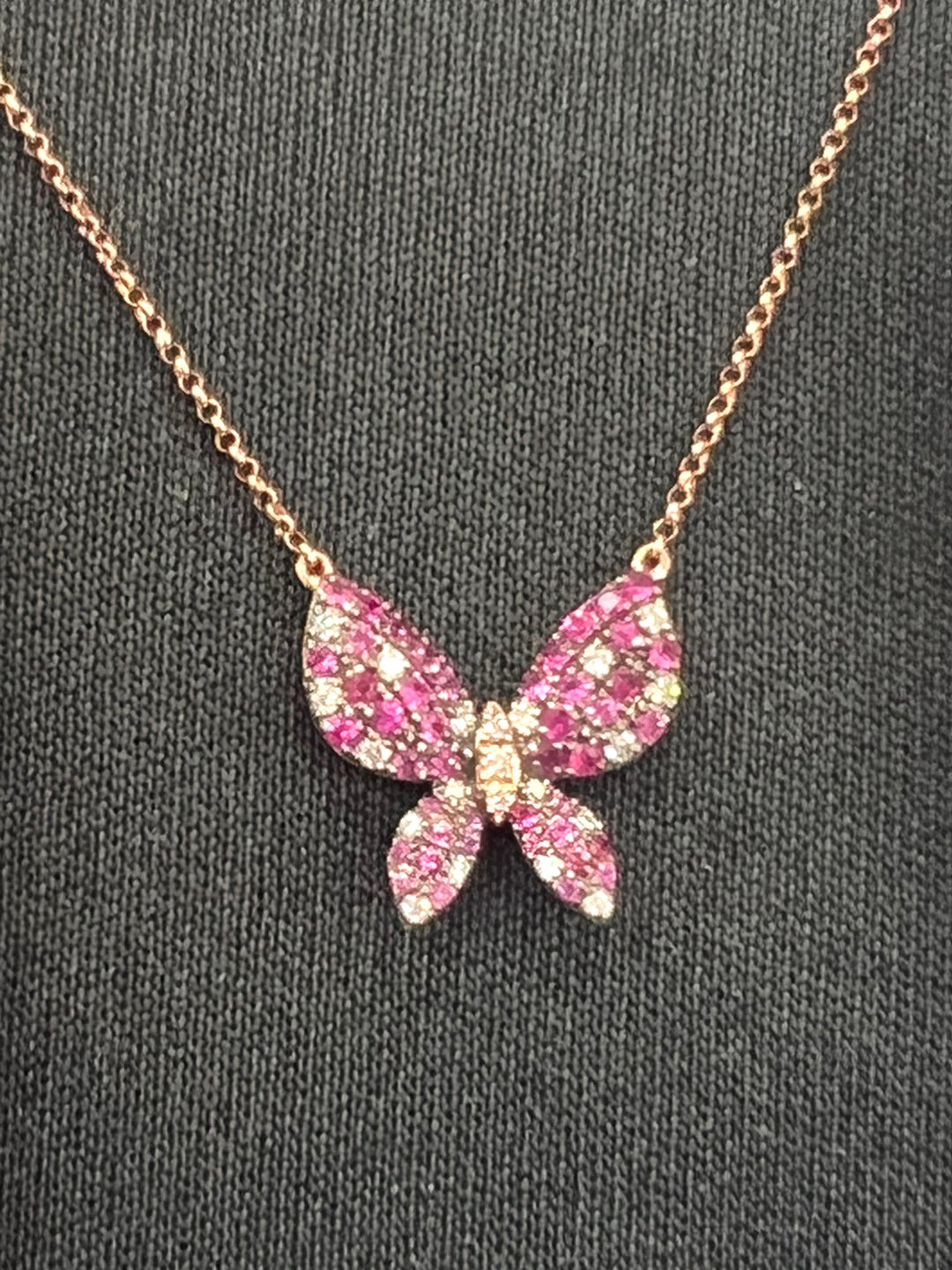 14K ROSE GOLD RUBIES &amp; DIAMOND BUTTERFLY NECKLACE