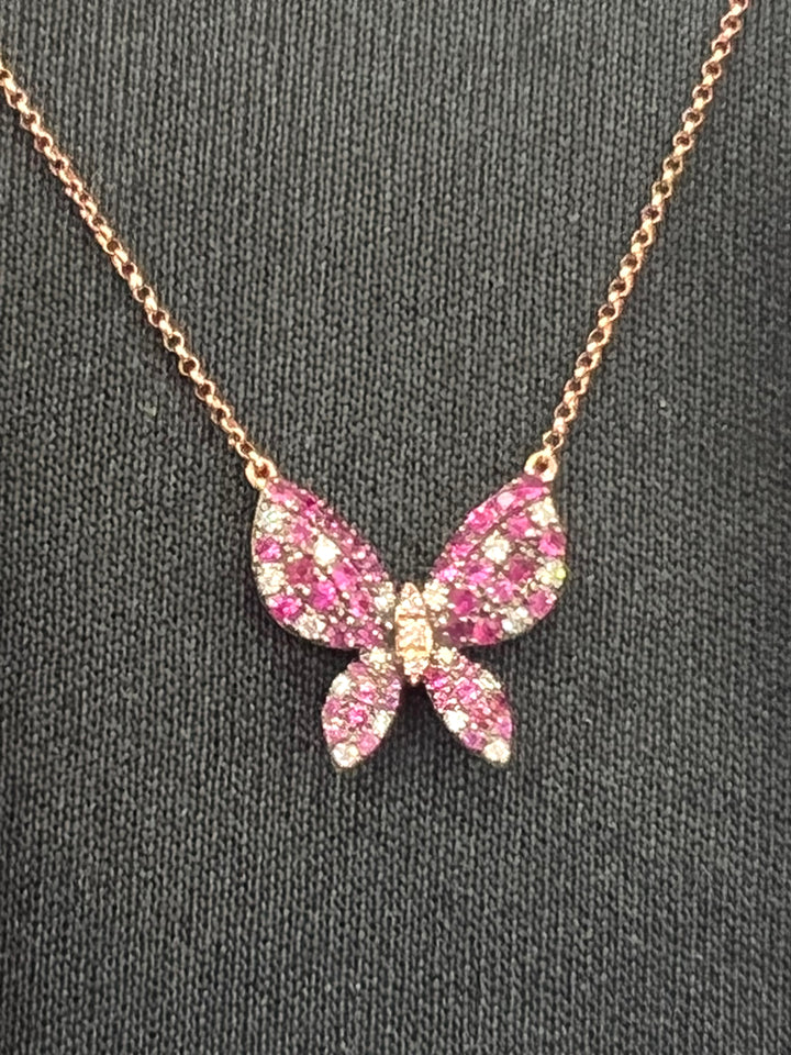 14K ROSE GOLD RUBIES &amp; DIAMOND BUTTERFLY NECKLACE