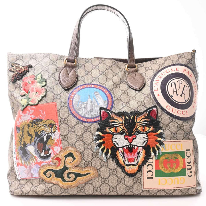 Gucci Supreme Courrier 2Way Tiger Patch Tote- Beige PVC
