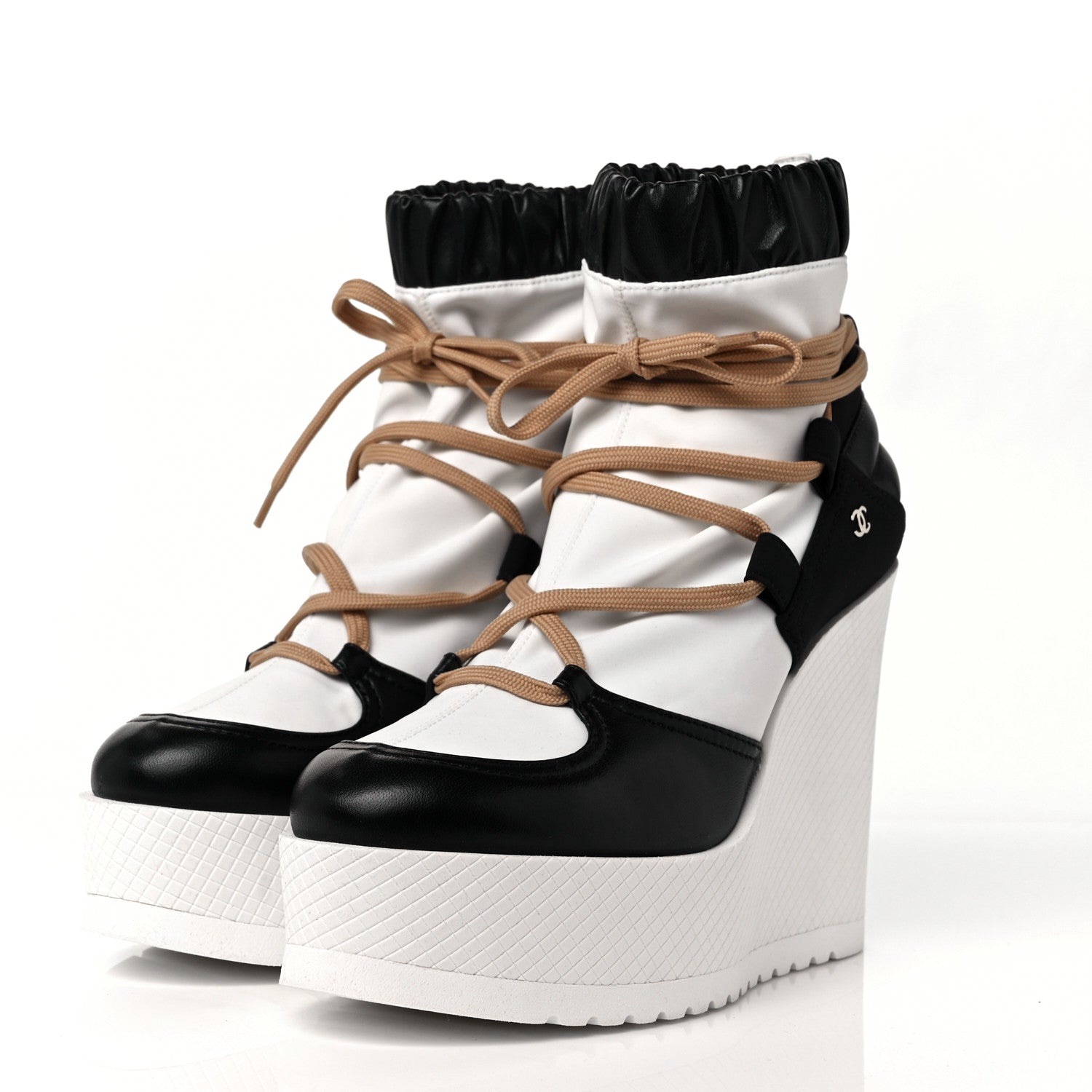 CHANEL CC Black Fashion Suburb Lace Up Platform Boots