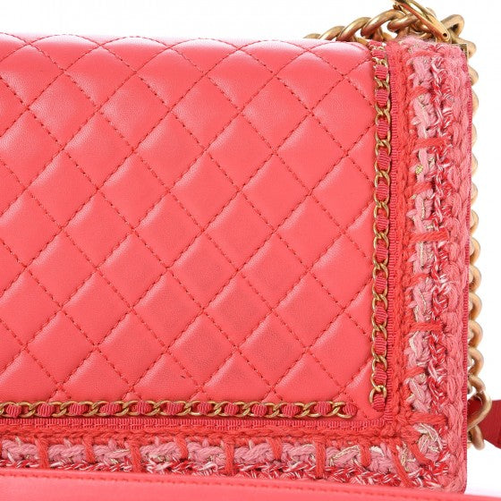 Chanel Lambskin Grosgrain Quilted Braided Medium Jacket Boy Flap Coral