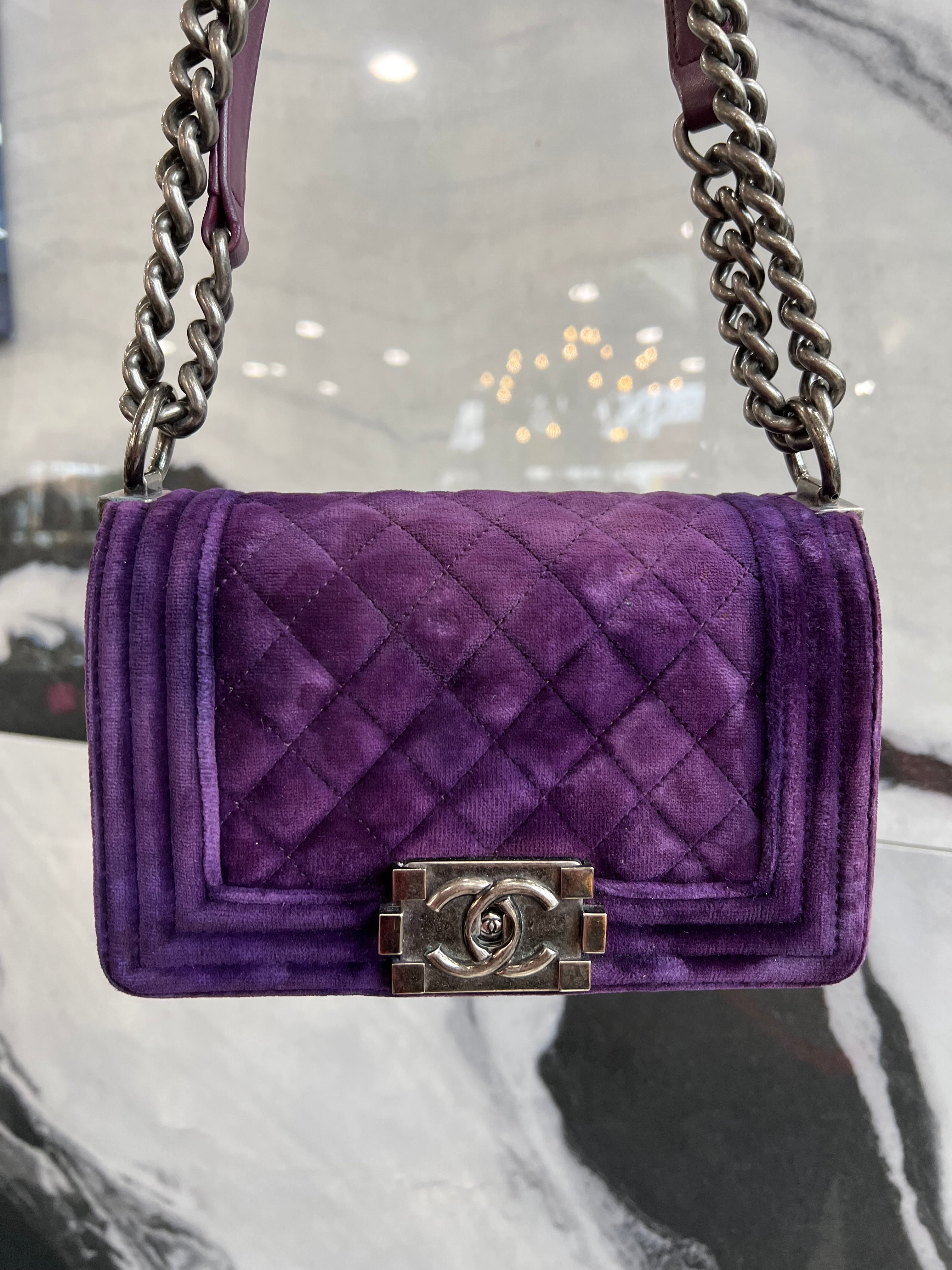 CHANEL VELVET QUILTED MINI BOY FLAP BAG IN PURPLE